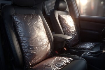 New car interior with protective plastic seat covers, showcasing dealership preparation and pristine upholstery condition