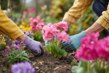 Planting Pink Primrose Flowers: Person gardening with gloves and trowel in soil, tending spring blossoms in garden.