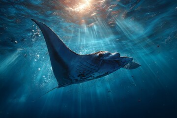 Manta Ray swims serenely in blue ocean waters illuminated by sunlight filtering down from the surface, teeming with fish.