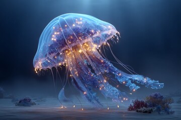 Glowing Jellyfish gracefully floats through ocean depths surrounded by coral reef; bioluminescence and serene marine environment enhance dreamlike quality