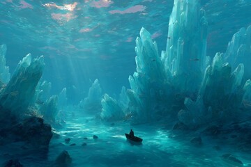 A solitary figure drifts in a small rowboat through a crystal-filled underwater landscape, sunbeams pierce the turquoise water