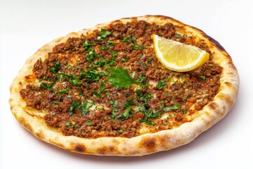 Delicious lahmacun with minced meat topping and lemon wedge served on a crispy flatbread against a white background