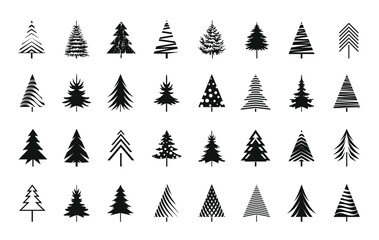 Set black Christmas Trees. Vector Illustration and Icons