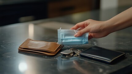 A clear scene of a hand placing a face mask on a countertop next to a set of house keys and wallet