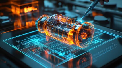 A close-up of a CAD interface with a rendered engine block model, colorful axis markers, and measurement annotations overlaid, as a designers stylus hovers above a graphics tablet