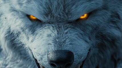A close-up of white fleece parting to reveal fierce wolf teeth and glowing amber eyes