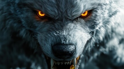 A close-up of white fleece parting to reveal fierce wolf teeth and glowing amber eyes