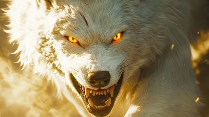A close-up of white fleece parting to reveal fierce wolf teeth and glowing amber eyes