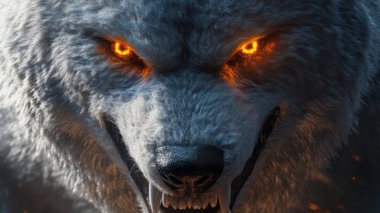 A close-up of white fleece parting to reveal fierce wolf teeth and glowing amber eyes