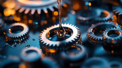 A cluster of interlocking gears in gradient steel tones, a vibrant drop of oil falling toward the central cog as light glints off the metal surfaces