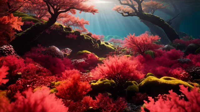 Underwater reef featuring red coral formations and sun rays piercing through the water's surface, creating a serene seascape.