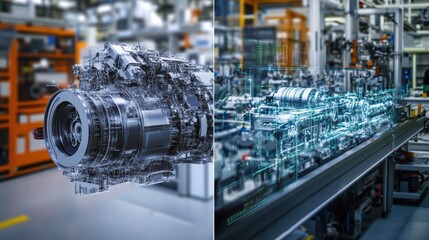 A creative split-screen banner showing on the left a detailed 3D engine model in CAD and on the right a real-world assembly line in a digital manufacturing plant, connected by data flow lines