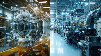 A creative split-screen banner showing on the left a detailed 3D engine model in CAD and on the right a real-world assembly line in a digital manufacturing plant, connected by data flow lines