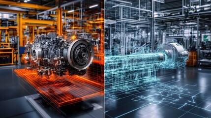 A creative split-screen banner showing on the left a detailed 3D engine model in CAD and on the right a real-world assembly line in a digital manufacturing plant, connected by data flow lines