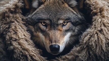 A cunning wolfs face emerging from beneath a tattered sheep pelt draped over its shoulders