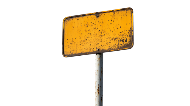 weathered sign post background, aged yellow metal signage design element on transparent background