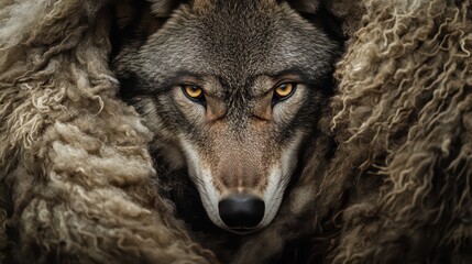 A cunning wolfs face emerging from beneath a tattered sheep pelt draped over its shoulders