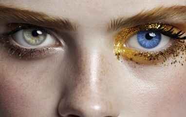 Obraz premium Close up on a woman’s face featuring heterochromia, one eye is green and the other is blue. Golden glitter makeup surrounds one eye, highlighting the different color