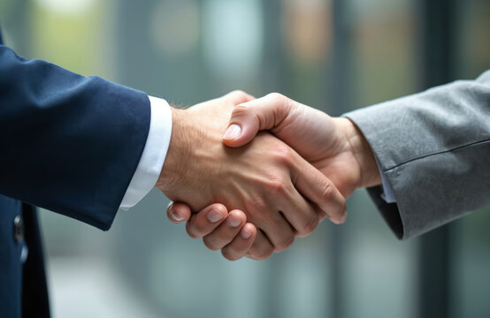 Two business partners handshaking. Men shaking hands with each other in suits, celebrating deal conclusion. Business people handshake at meeting, symbol of partnership, teamwork, agreement.