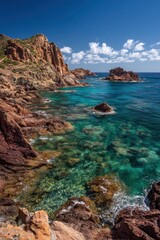 Fototapeta premium Coastal scene featuring rocky cliffs clear turquoise waters and scattered rock formations under a blue sky with scattered clouds