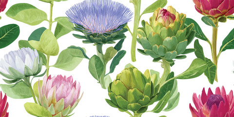 Artichoke Flowers with Green Leaves Seamless Pattern. Botanical Garden Design for textile, packaging, fabric, wallpaper, branding, stationery, wrapping paper interior decor.