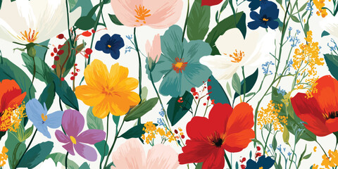 Vibrant Wildflower Meadow and Botanical Foliage Seamless Pattern. Colorful Floral Garden Design for textile, packaging, fabric, wallpaper, branding, stationery, wrapping paper interior decor.