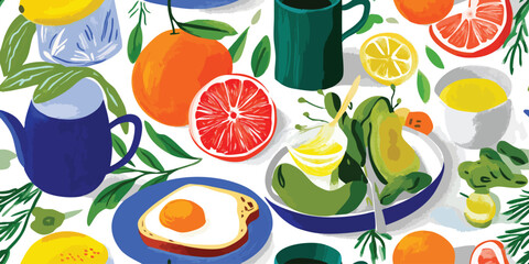 Vibrant Breakfast Food and Drink Seamless Pattern. Modern Morning Meal Design for textile, packaging, fabric, wallpaper, branding, stationery, wrapping paper interior decor.