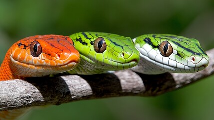 Obraz premium Three colorful snakes with vibrant orange and green scales resting on a branch