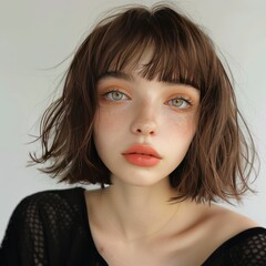 Girl with shaggy bob cut and torn bangs showcasing unique style in high-resolution details