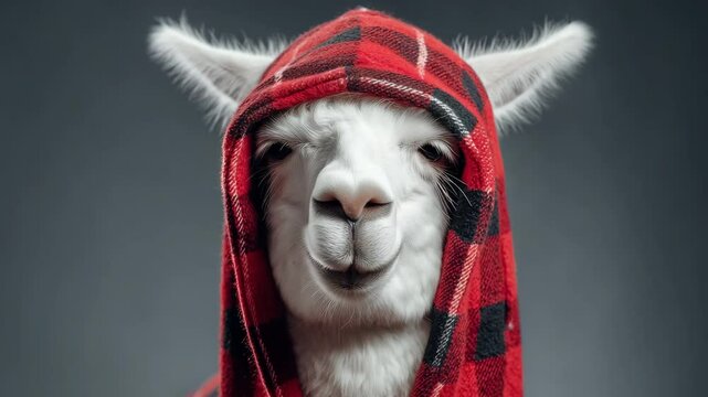 An alpaca wearing a red plaid hood gazes softly toward the viewer. 