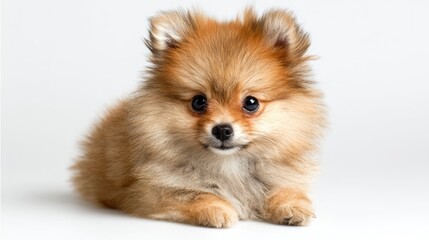 Pomeranian puppy lying down looking at the camera Fluffy brown and beige fur small black nose and curious eyes