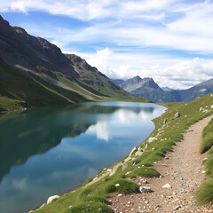 Chemin et lac au col du Gondran, Hautes Alpes, France