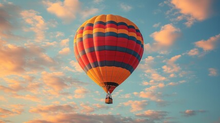 Fototapeta premium Colorful hot air balloon floats in a bright sky during sunset with scattered clouds