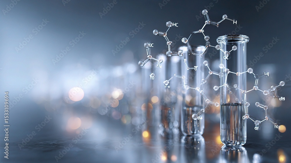 Poster blurred soft light background with floating chemical structures