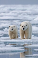 Two polar bears stand on ice one larger than the other in a snowy environment