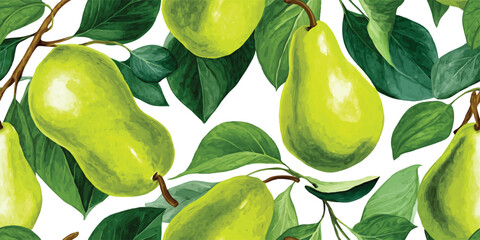 Fresh Pear Fruit and Leaves Seamless Pattern. Juicy Botanical Harvest Design for textile, packaging, fabric, wallpaper, branding, stationery, wrapping paper interior decor.