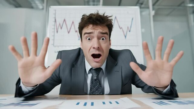 A businessman gestures frantically before a plunging stock chart on a whiteboard. Concept of market anxiety.