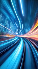 Dynamic motion of a high-speed train racing through an urban landscape with kinetic energy and vibrant light trails