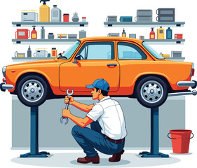 Car mechanic repairing orange vehicle auto repair shop automotive service maintenance and inspection work