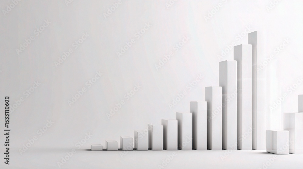 Poster white 3d geometric bar graph with ascending columns on minimal background