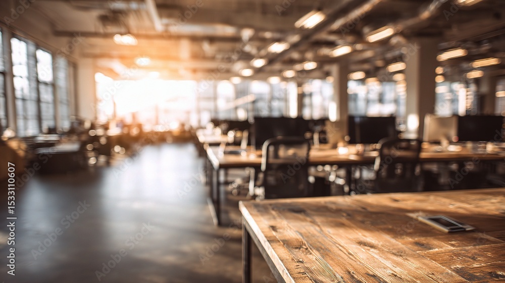 Poster blurry open workspace with light flare and empty desks