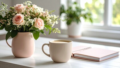 Coffee cup with blush roses bouquet and pink notebook on white wooden desk