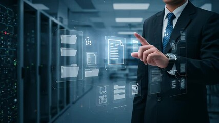 Man in Black Suit Touching Holographic Interface in Server Room Highlighting Data Centers and Cloud Computing Technology for Secure Information - Powered by Adobe