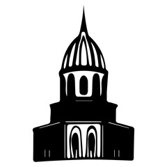 Minimalist hand drawn black silhouette of domed architectural structure with arched details and pointed spire isolated on transparent background. Vector art