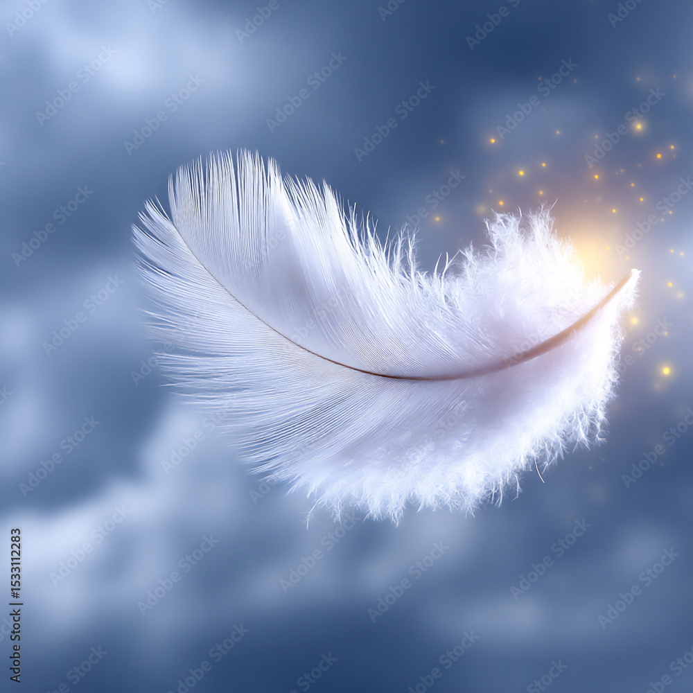 Poster a single, fragile white feather falling slowly through a hazy grey atmosphere