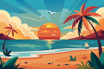 Obraz premium Tropical paradise island beach with palm trees and sun