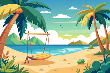Fototapeta premium Tropical paradise: sun-drenched beach with swaying palm trees, crystal-clear ocean, and soft sand