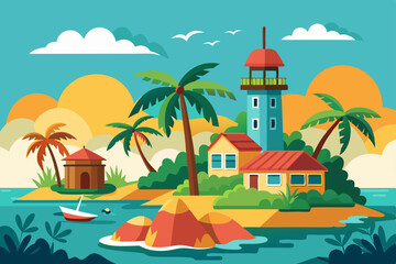 Tropical island paradise with palm trees on a sunny beach, perfect for a summer vacation