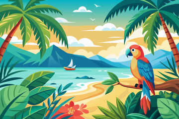 Tropical island paradise with palm trees, a sandy beach, and birds, perfect for a summer vacation