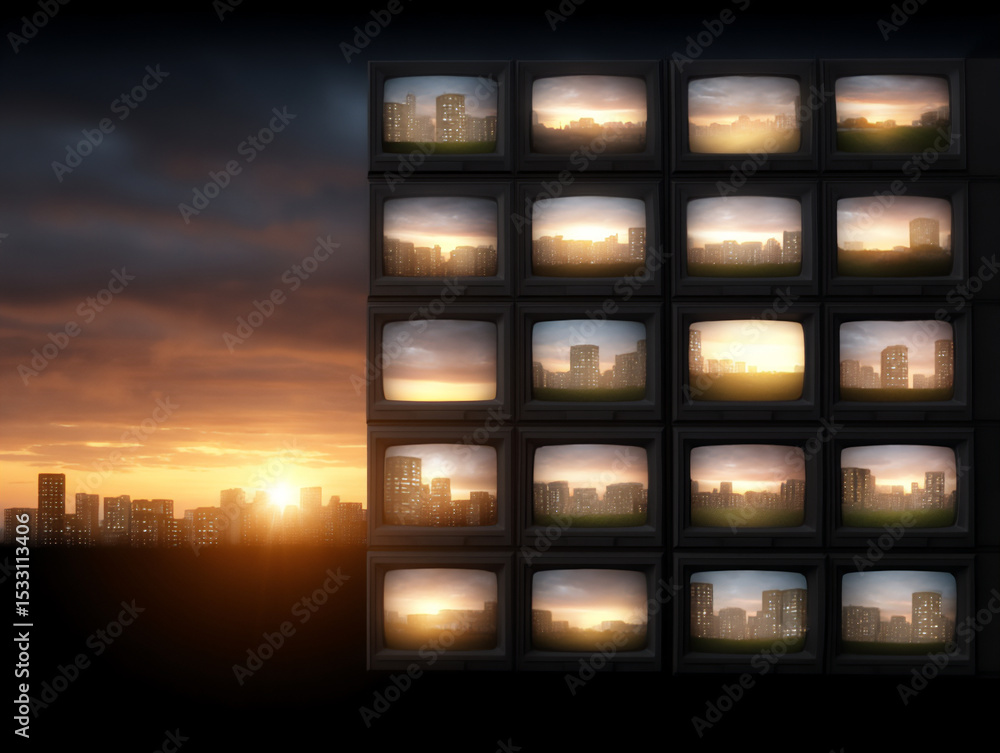 Poster a portrait of a building with windows that are actually television screens showing different scenes